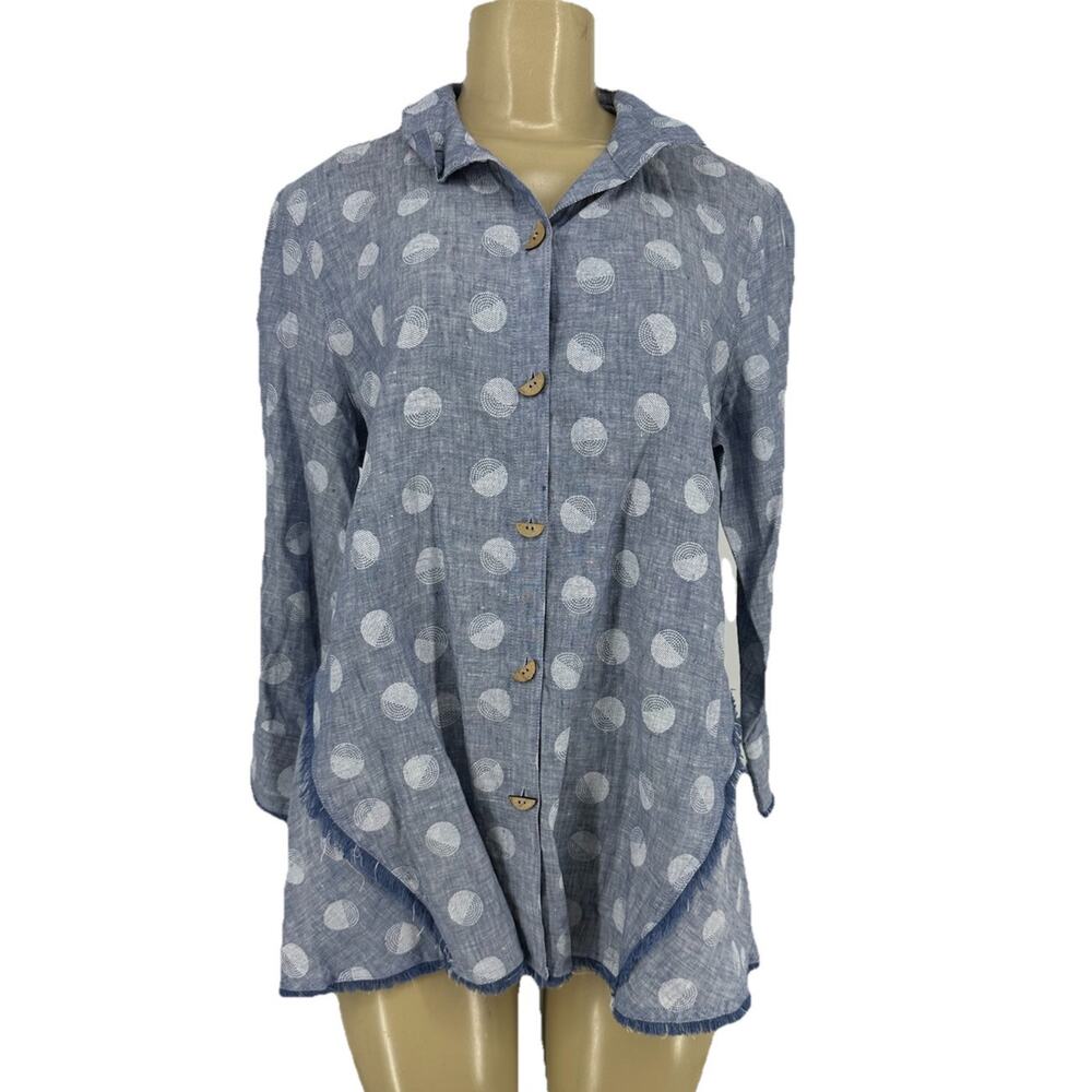 NEW JOHN MARK Medium Women Blue Chambray Linen Polka Dots Button Down Shirt A202